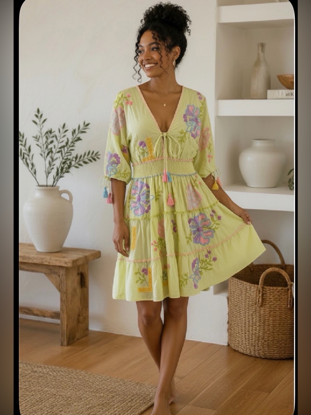 Tiered V-Neck Mini Dress in Light Lime with Floral Embroidery